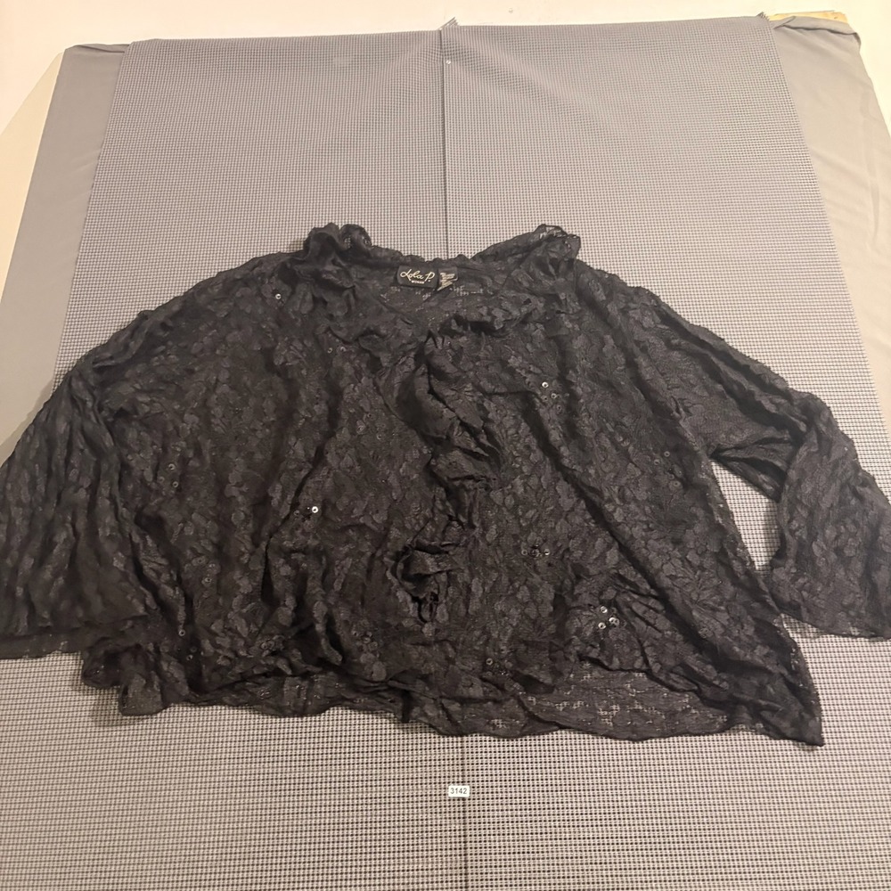 Lola P. Woman Black Lace Ruffle Sequin Blouse Tagged 1X